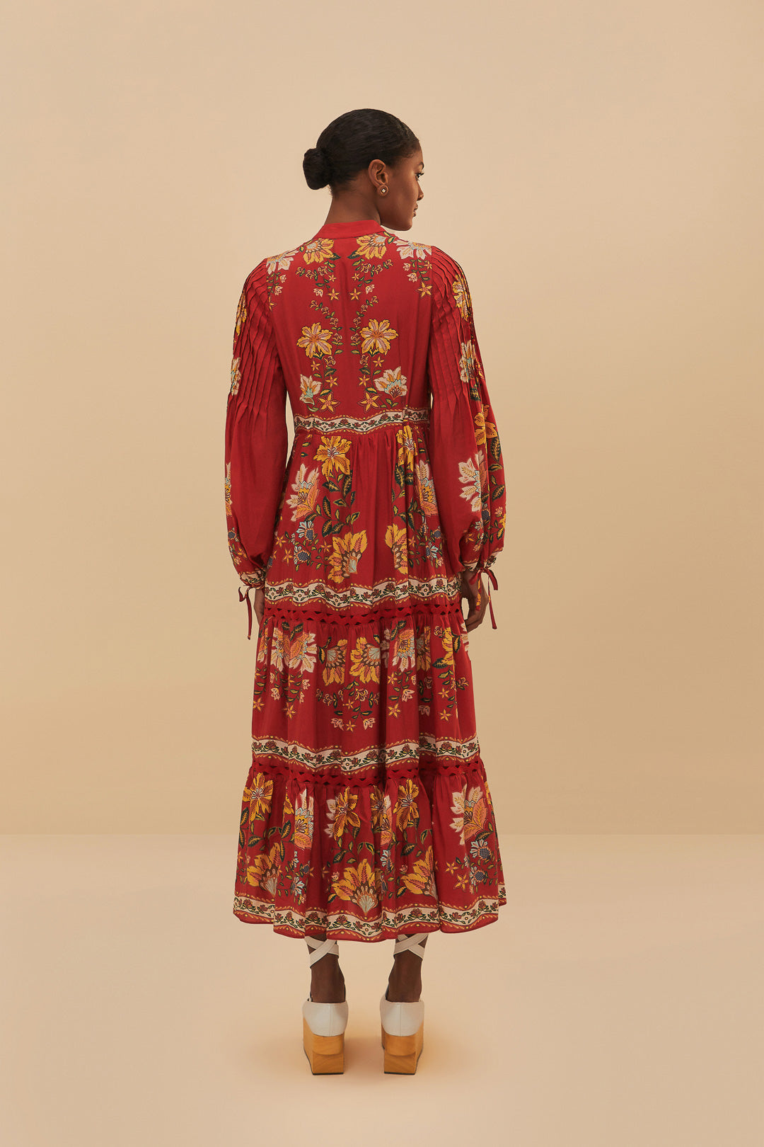 Vestido midi de manga larga Garden Delight rojo