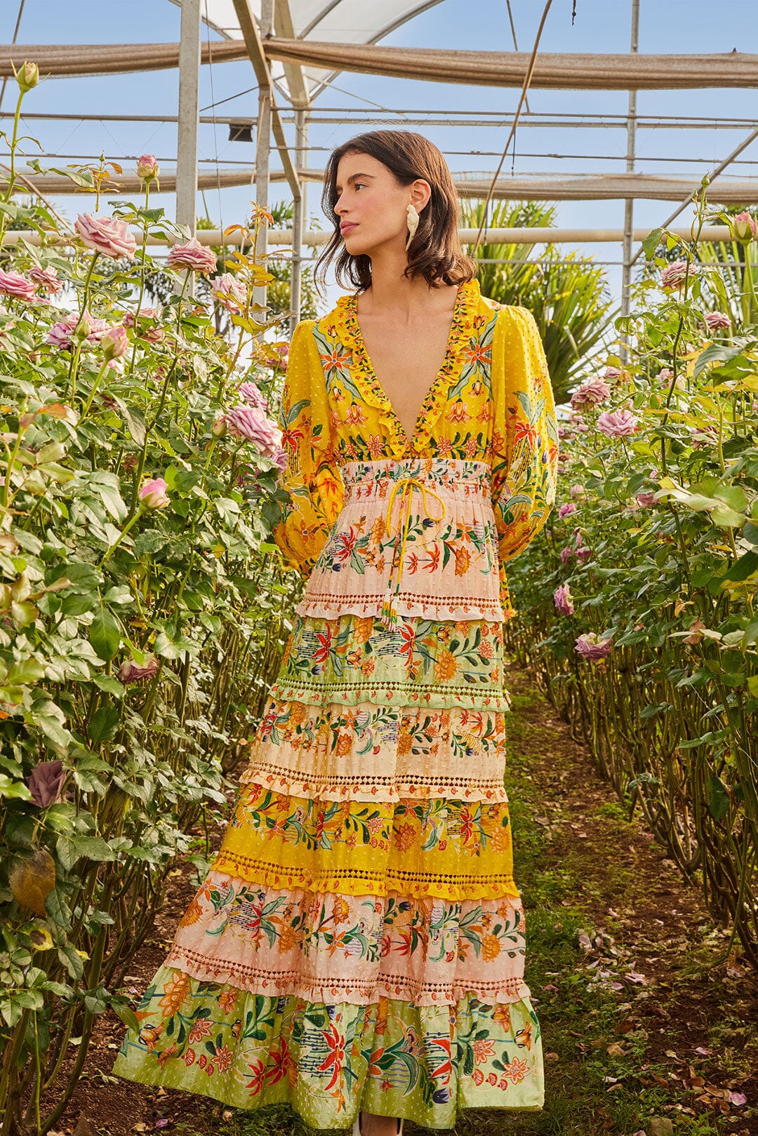 Maxi Vestido de Manga Larga con Mezcla de Flores Delicadas