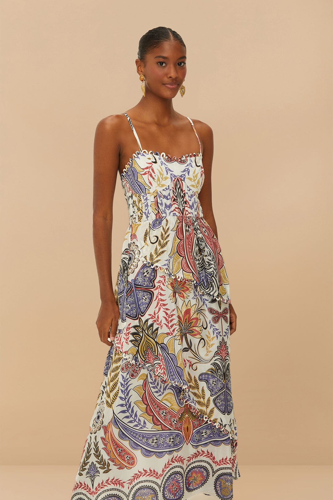 Maxi Vestido Off-White Boho Glam Loopy Trim