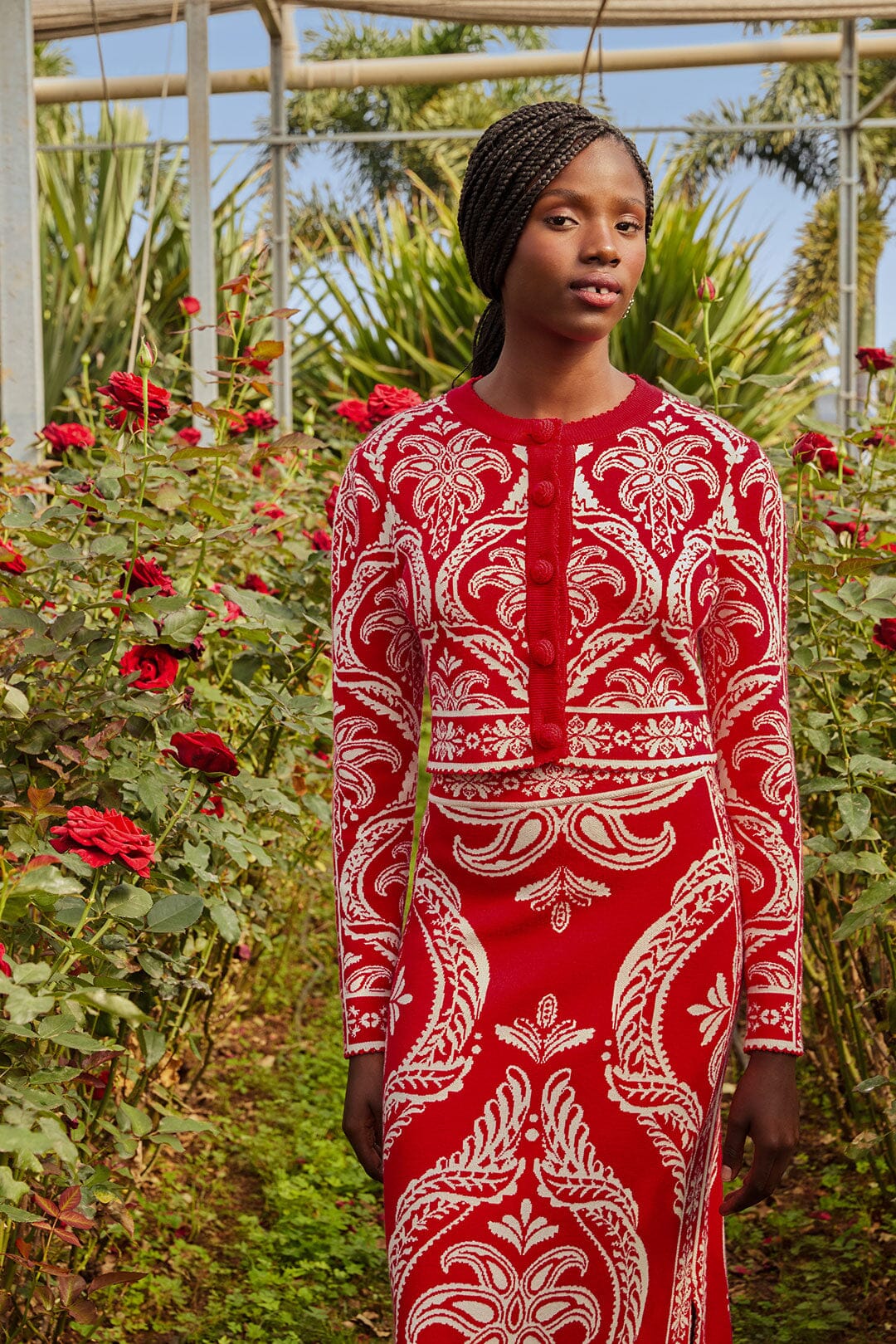Chaqueta de punto jacquard tropical roja