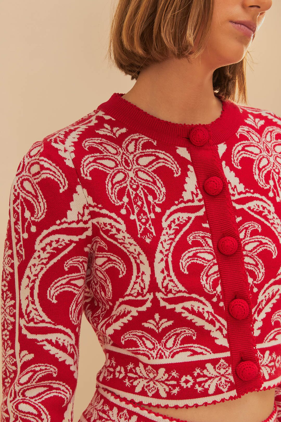 Chaqueta de punto jacquard tropical roja