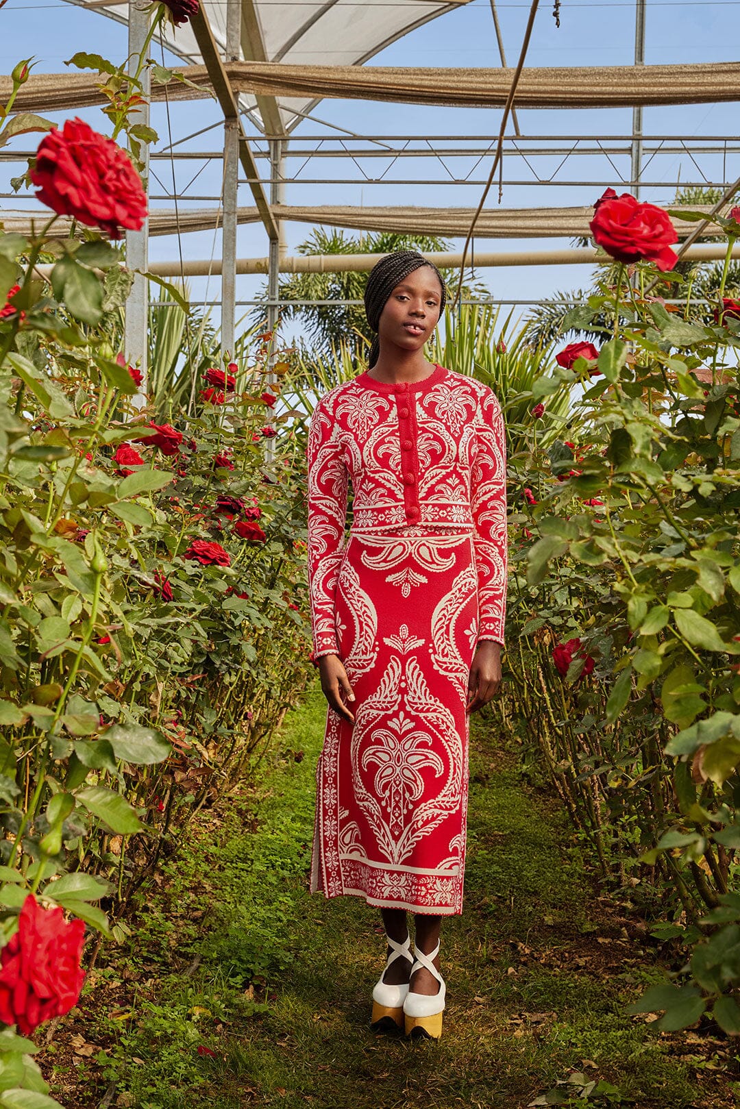 Chaqueta de punto jacquard tropical roja