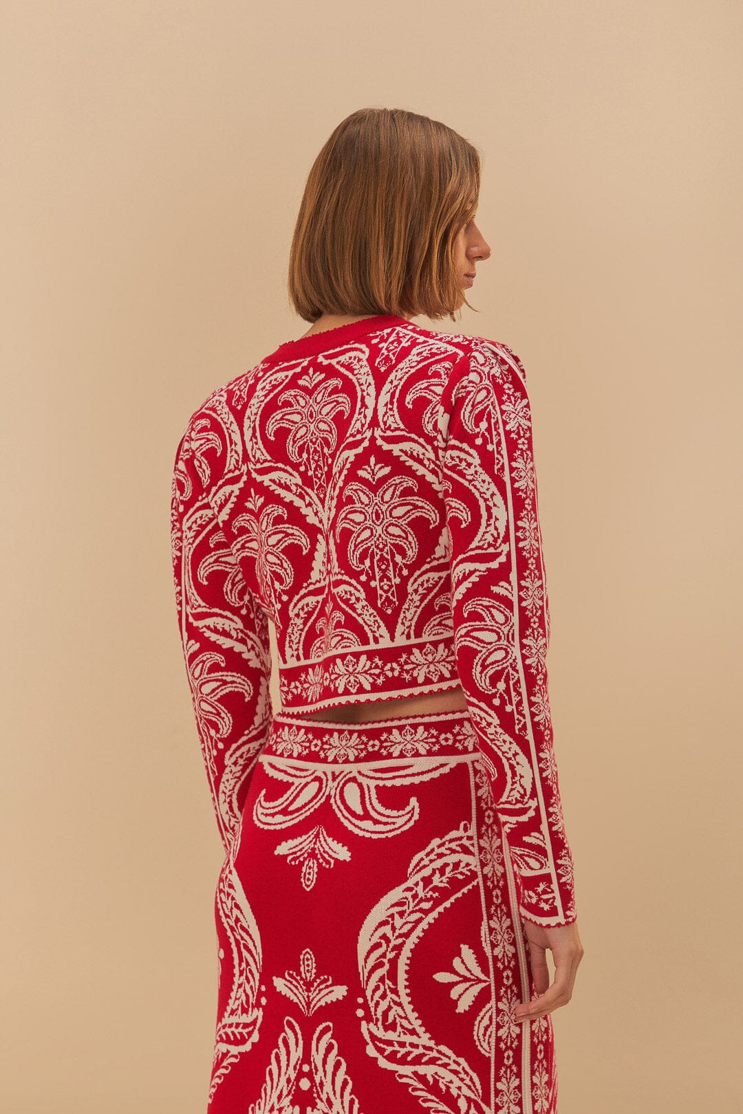 Chaqueta de punto jacquard tropical roja
