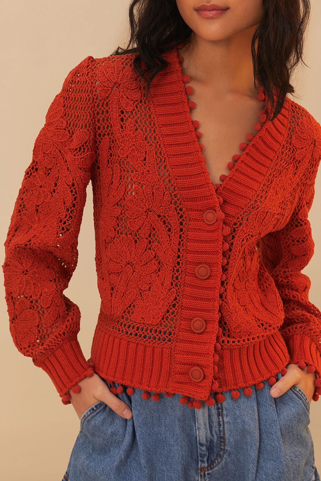 Cárdigan de punto floral naranja