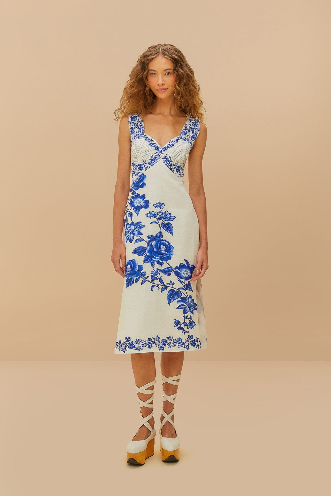 Off-White Floral Cascade Wavy Midi Dress
