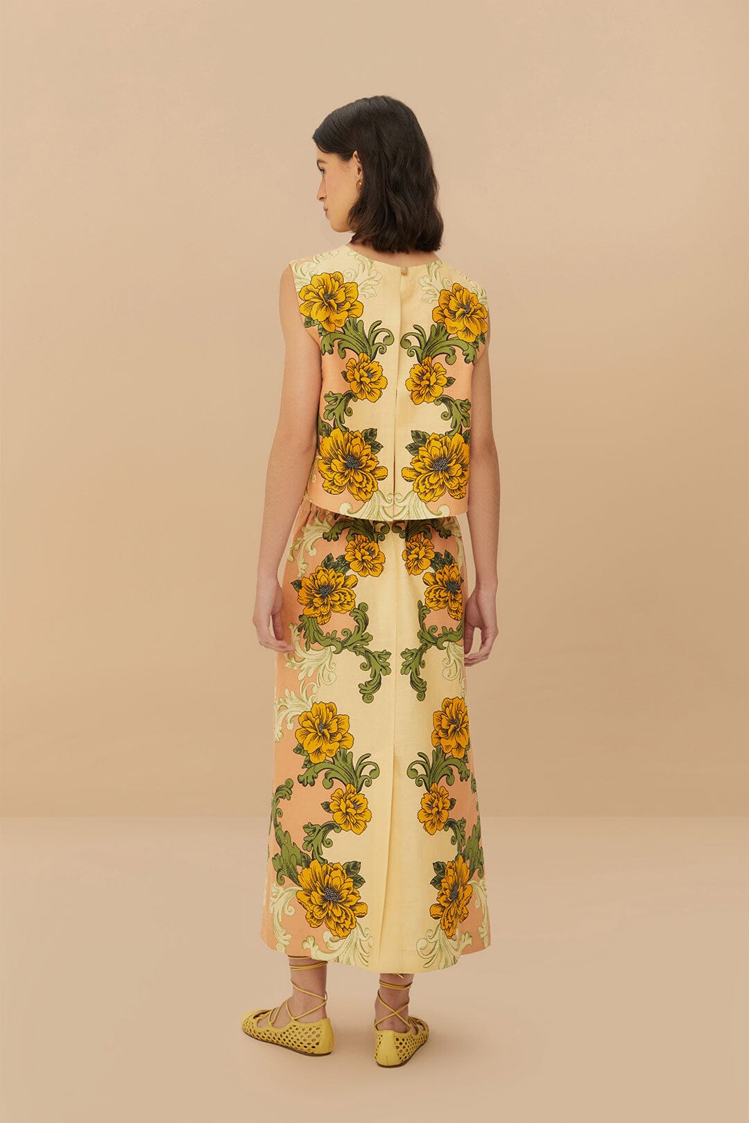 Falda midi de lino premium estampado de flores Euroflax™