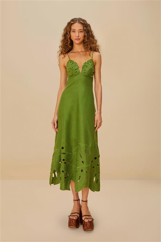 Maxi Vestido Bordado Monstera Verde