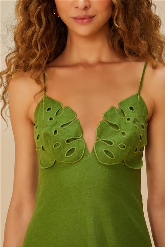 Maxi Vestido Bordado Monstera Verde