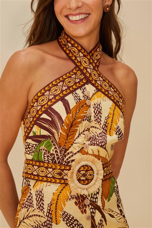 Mini Vestido Cuello Halter Foliage Sketch Sand