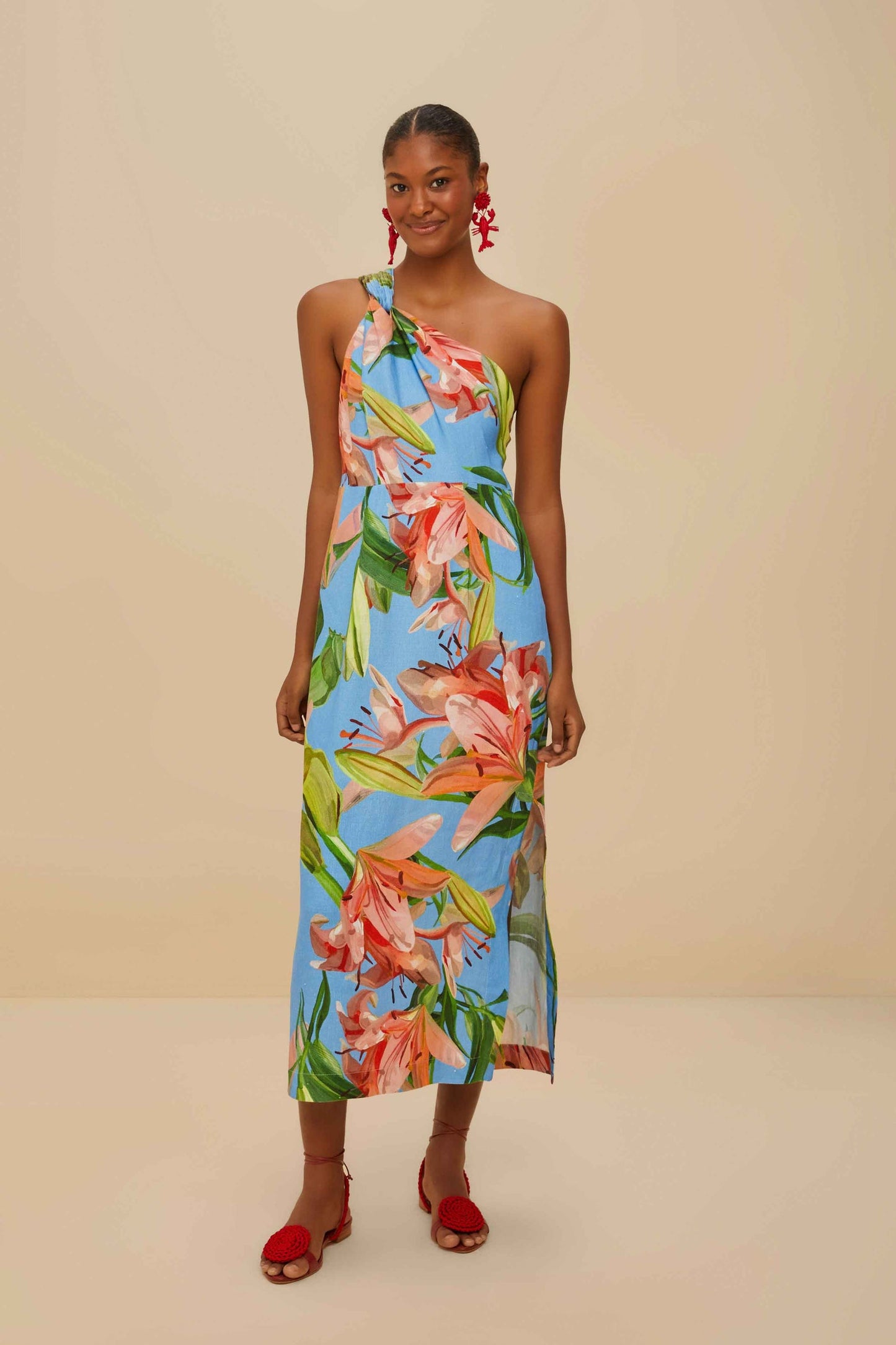Vestido midi azul de lino premium estampado euroflax™ Blue Lily Bloom