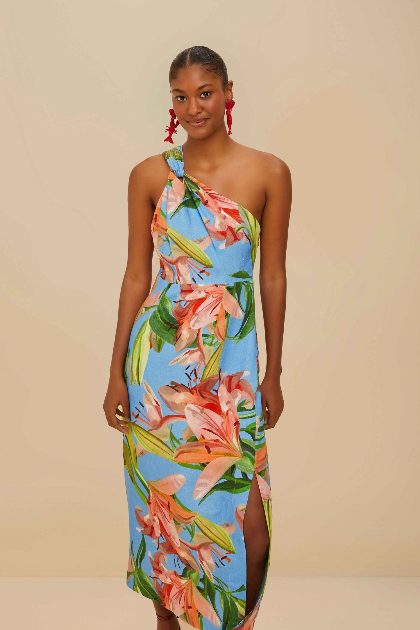 Vestido midi azul de lino premium estampado euroflax™ Blue Lily Bloom
