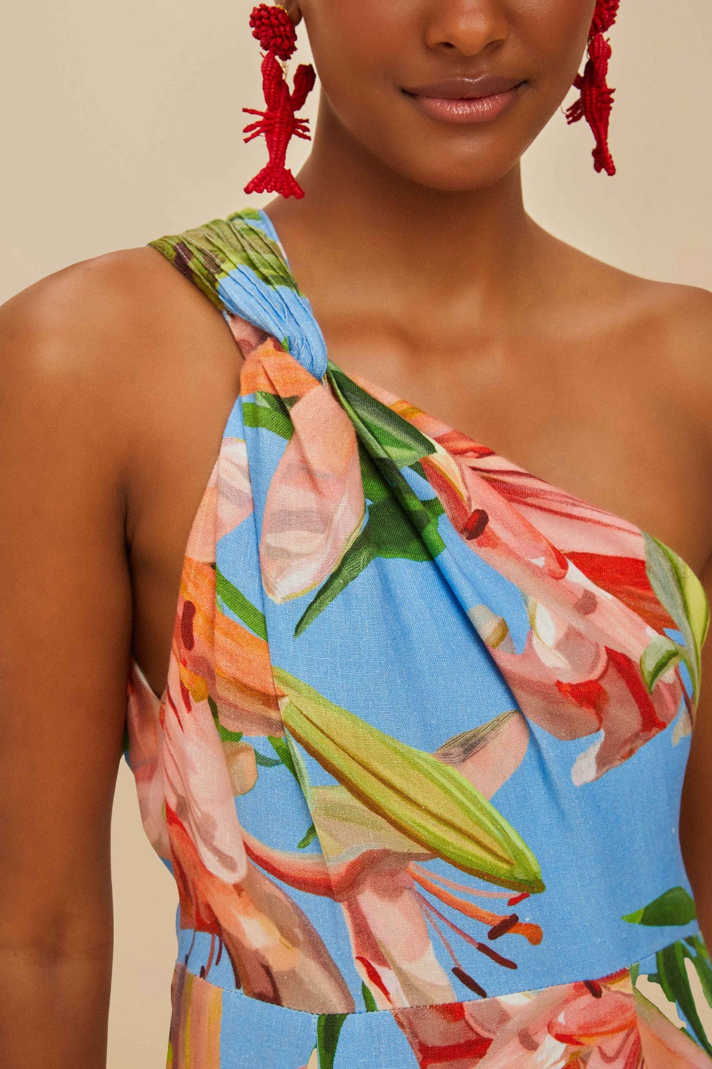 Vestido midi azul de lino premium estampado euroflax™ Blue Lily Bloom