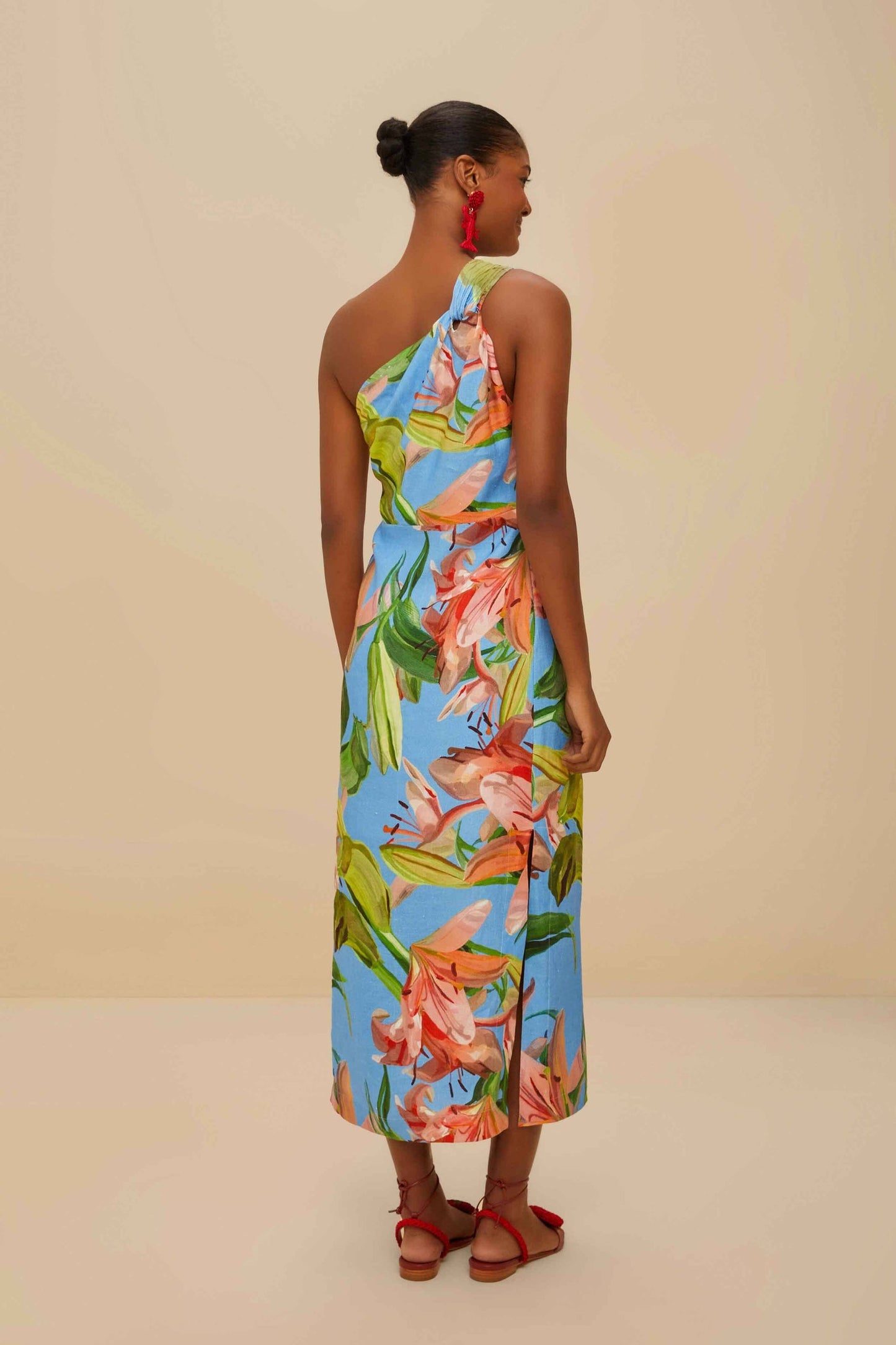 Vestido midi azul de lino premium estampado euroflax™ Blue Lily Bloom
