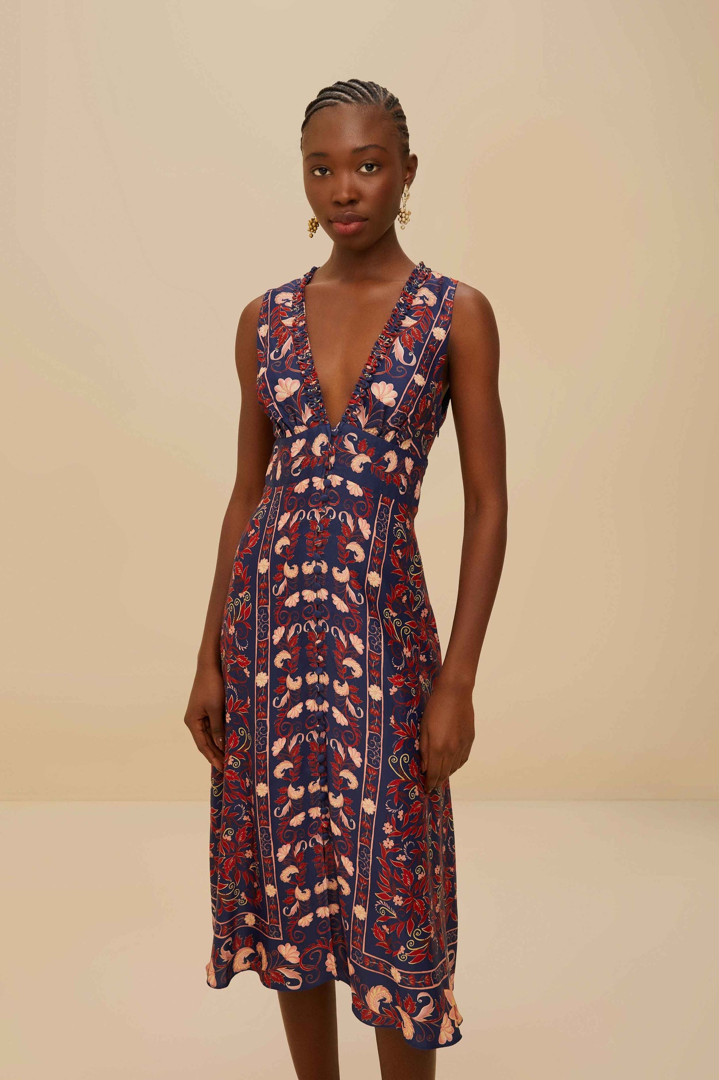 Vestido Midi Boho Floral Azul Marino