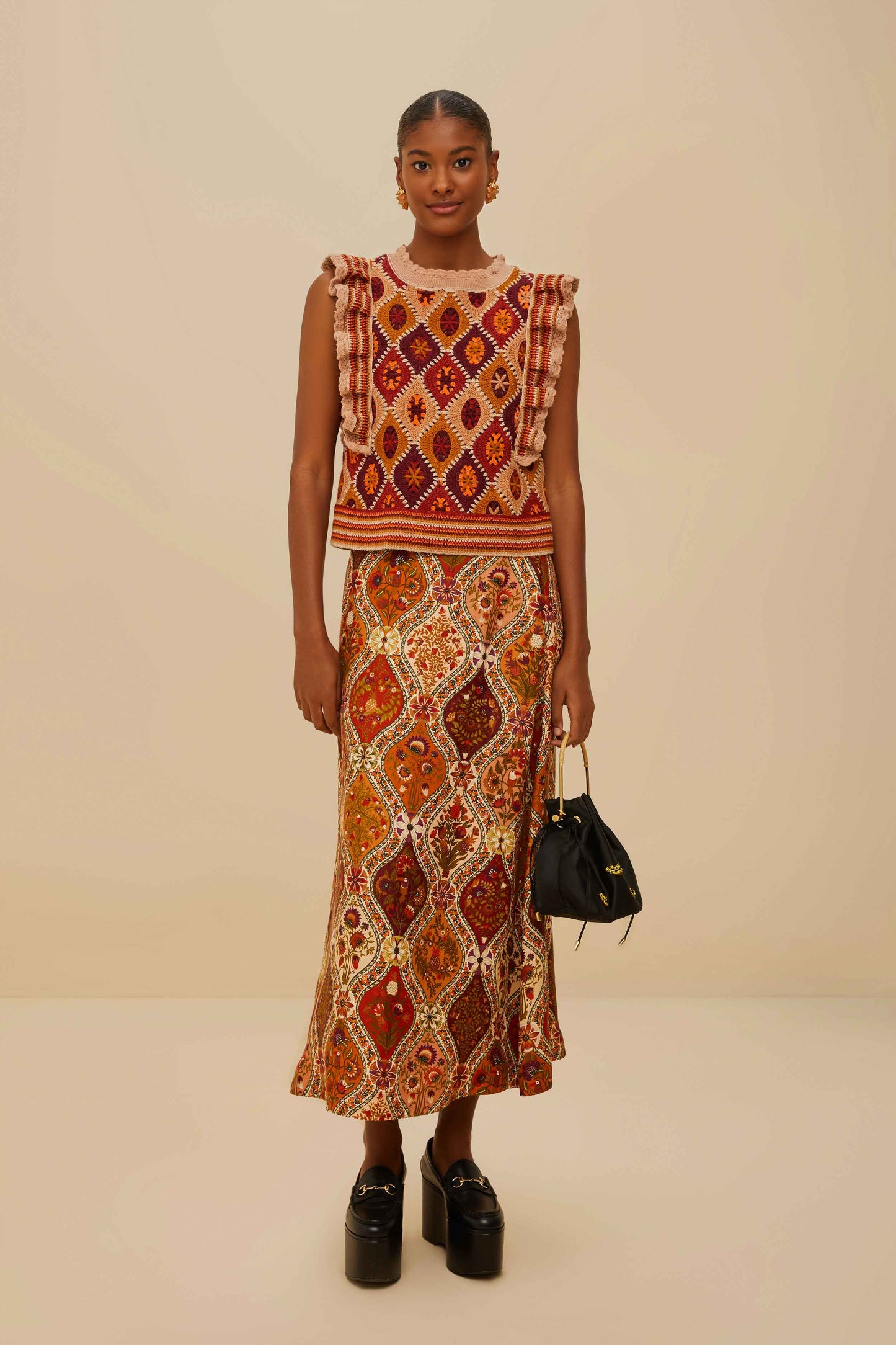 Falda midi multicolor con estampado natural en viscosa LENZING™ ECOVERO™