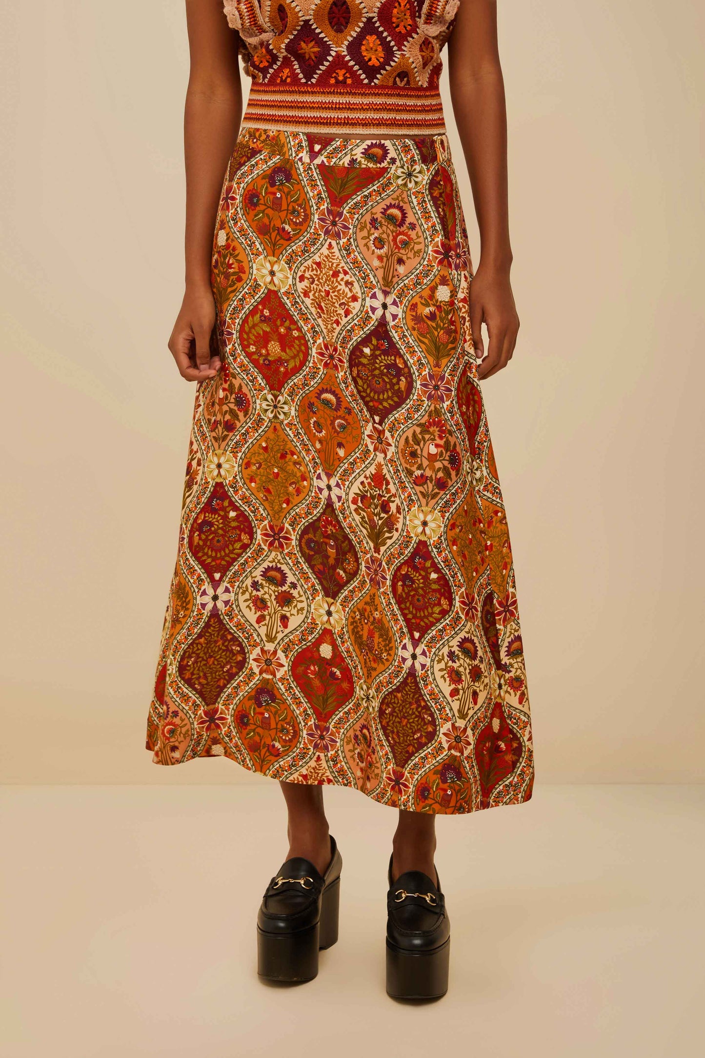 Falda midi multicolor con estampado natural en viscosa LENZING™ ECOVERO™