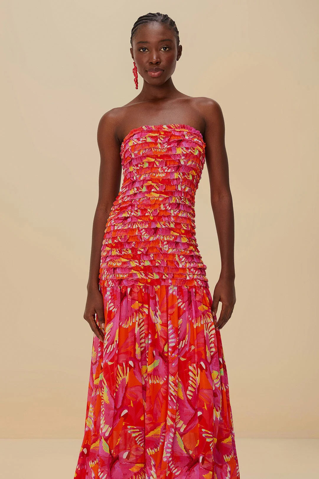 Vestido midi sin tirantes estampado Orange Flying Birds