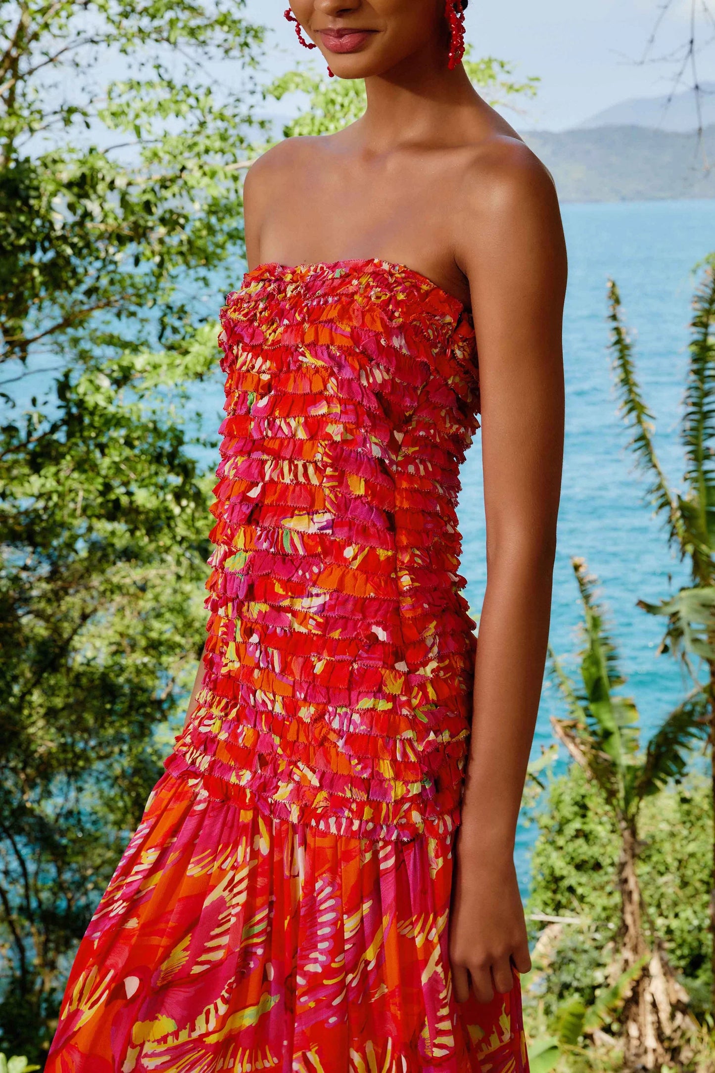 Vestido midi sin tirantes estampado Orange Flying Birds