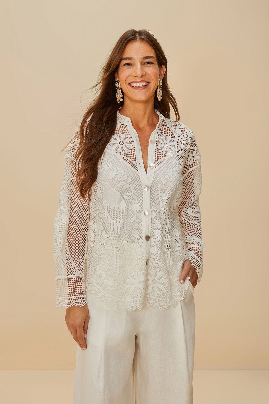 Camisa guipur paisaje blanco roto