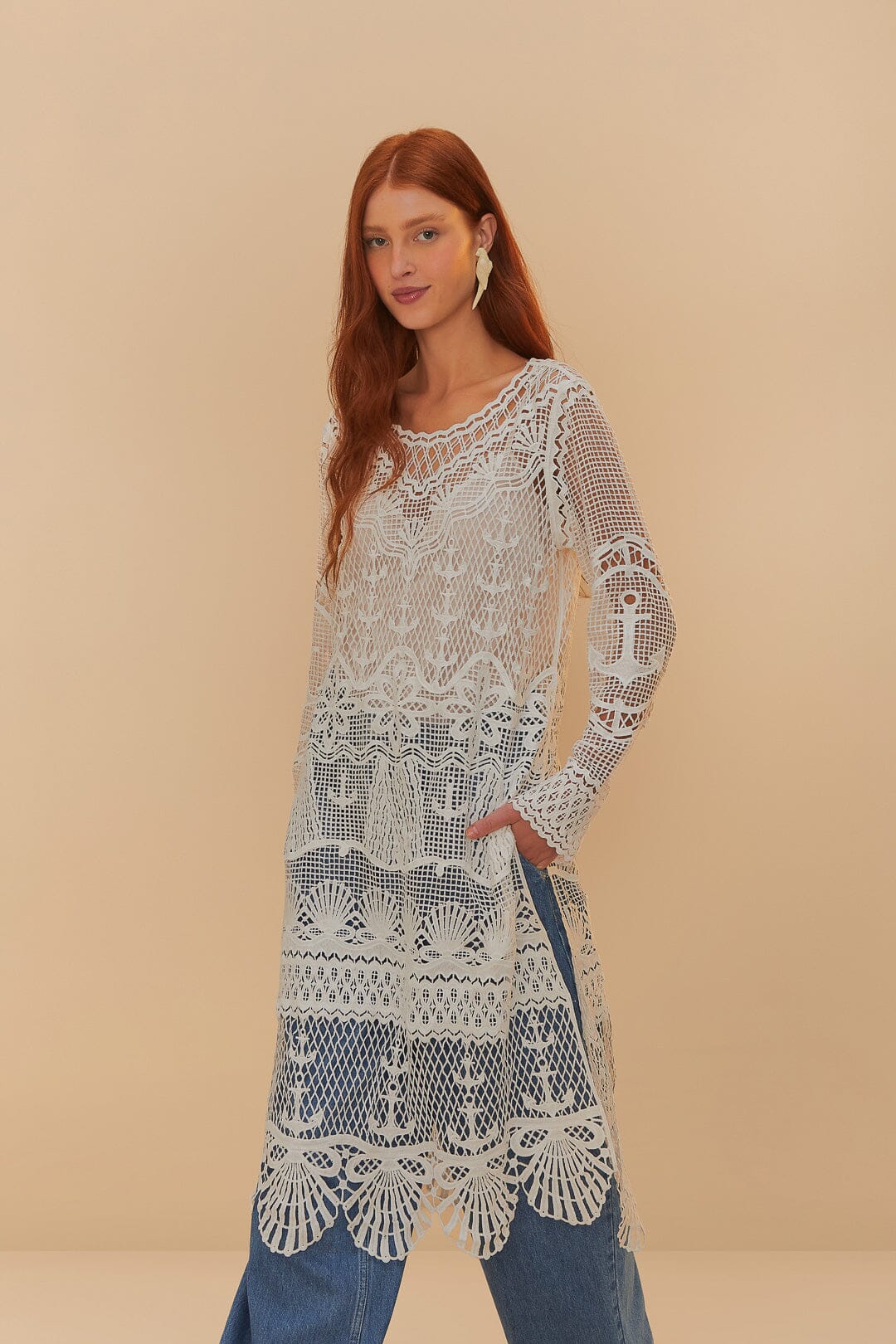 Vestido Midi Off-White Nautical Guipur Manga Larga