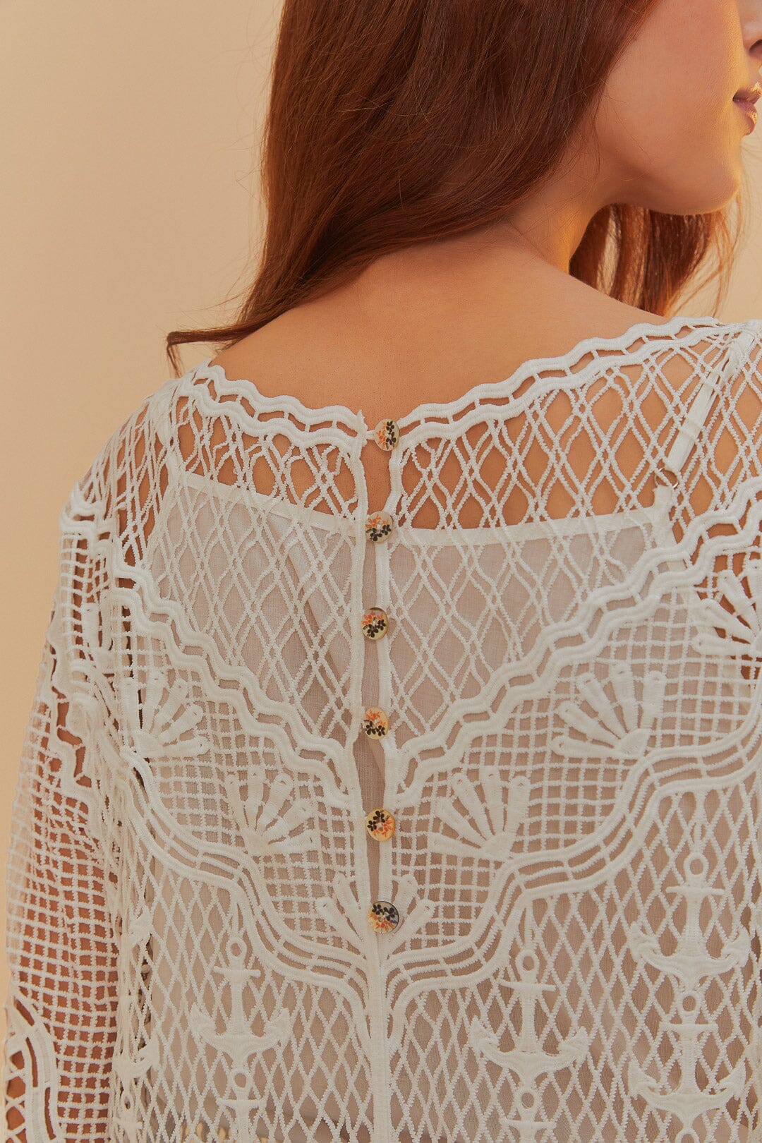 Vestido Midi Off-White Nautical Guipur Manga Larga