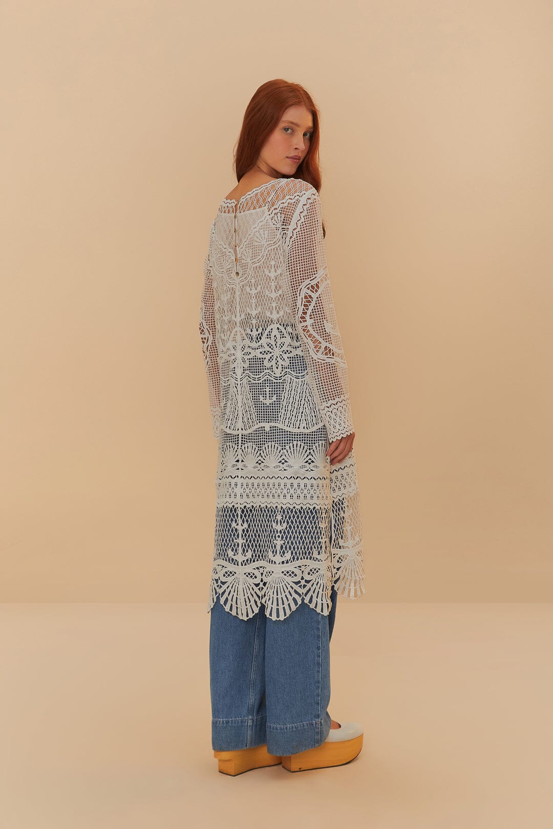 Vestido Midi Off-White Nautical Guipur Manga Larga