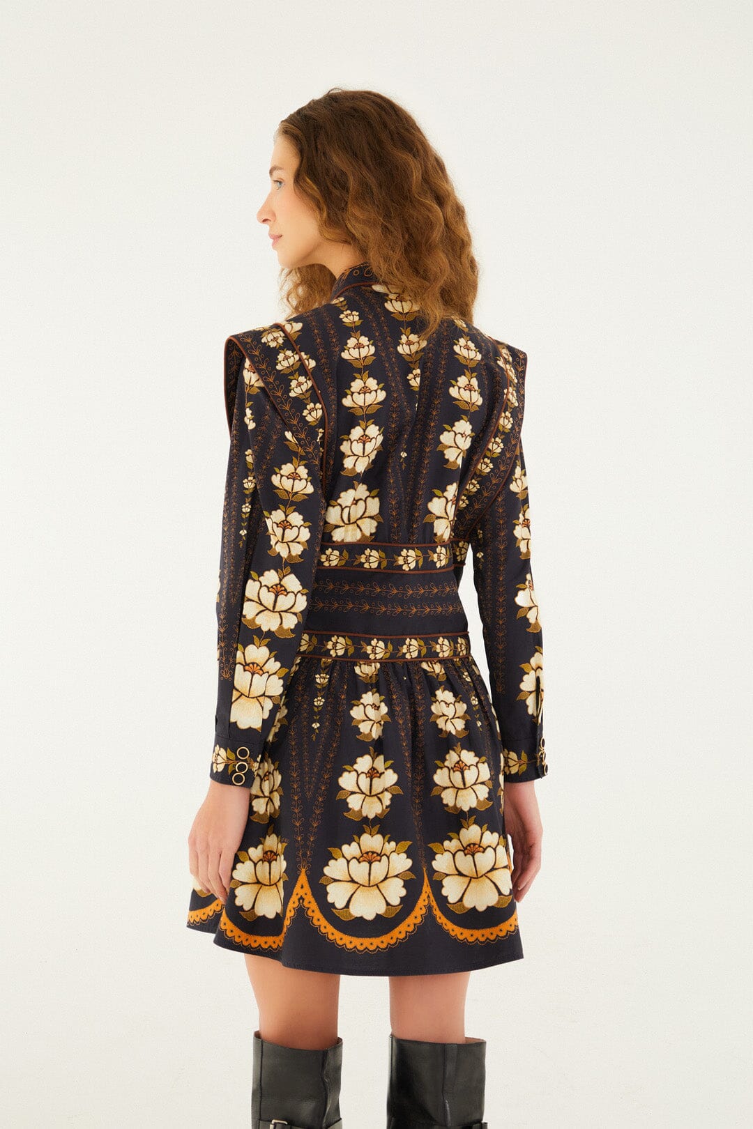 Black Bold Flowers Long Sleeve Organic Cotton Mini Dress