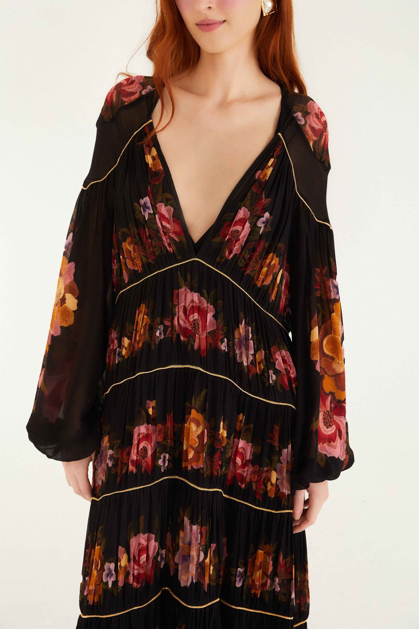 chenille flowers black long sleeve midi dress