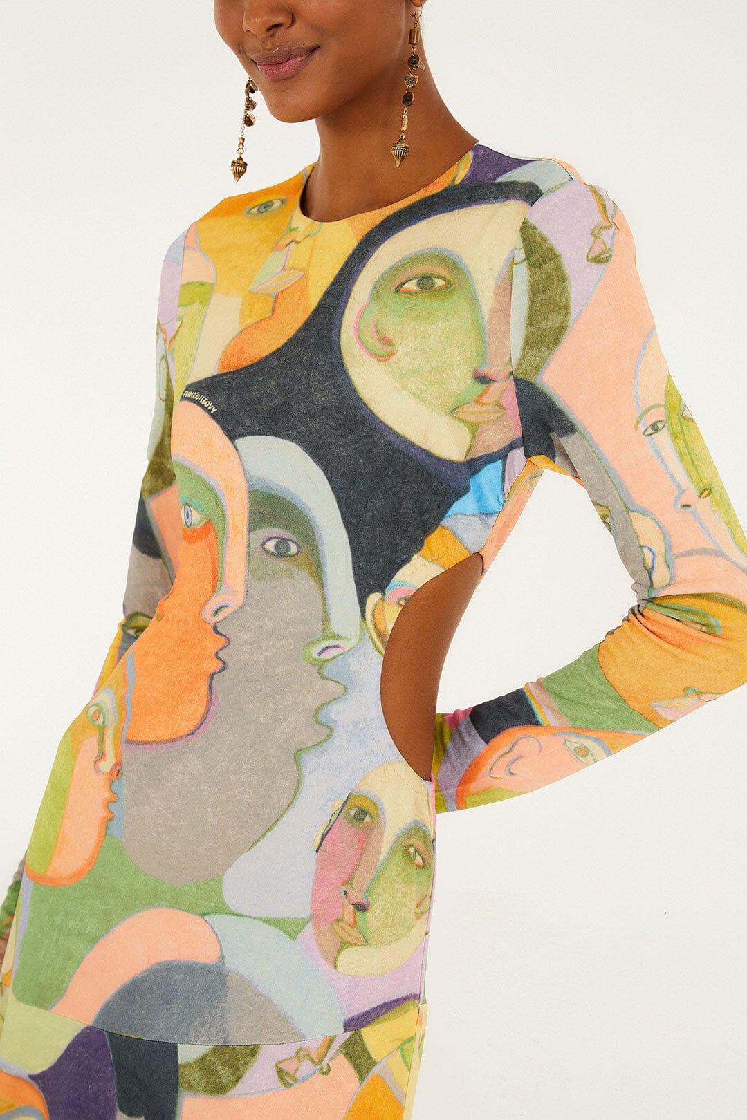 crowded series drawing multicolor long sleeve midi