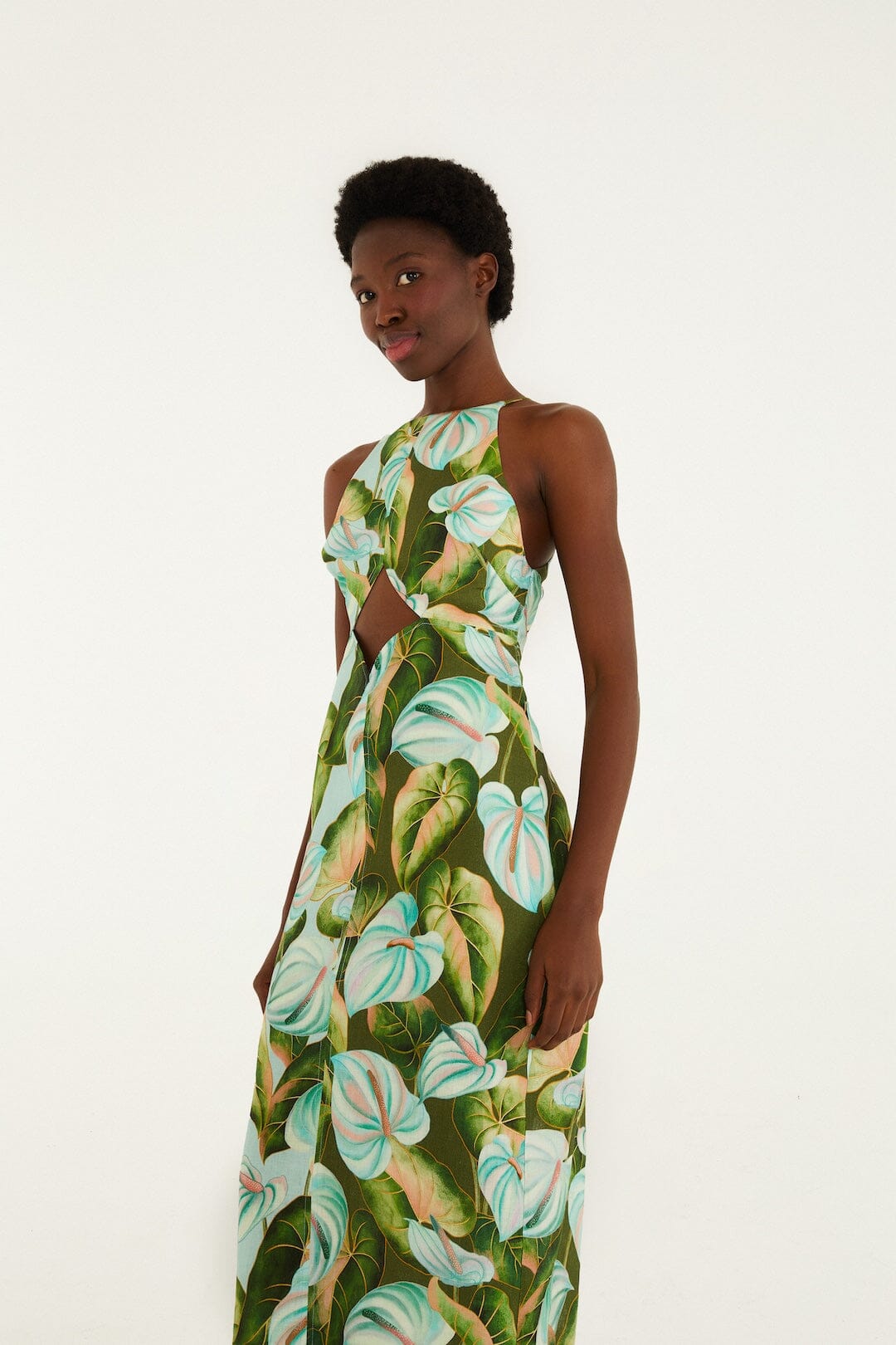 Vestido Midi Verde Hojas de Anturio con Abertura