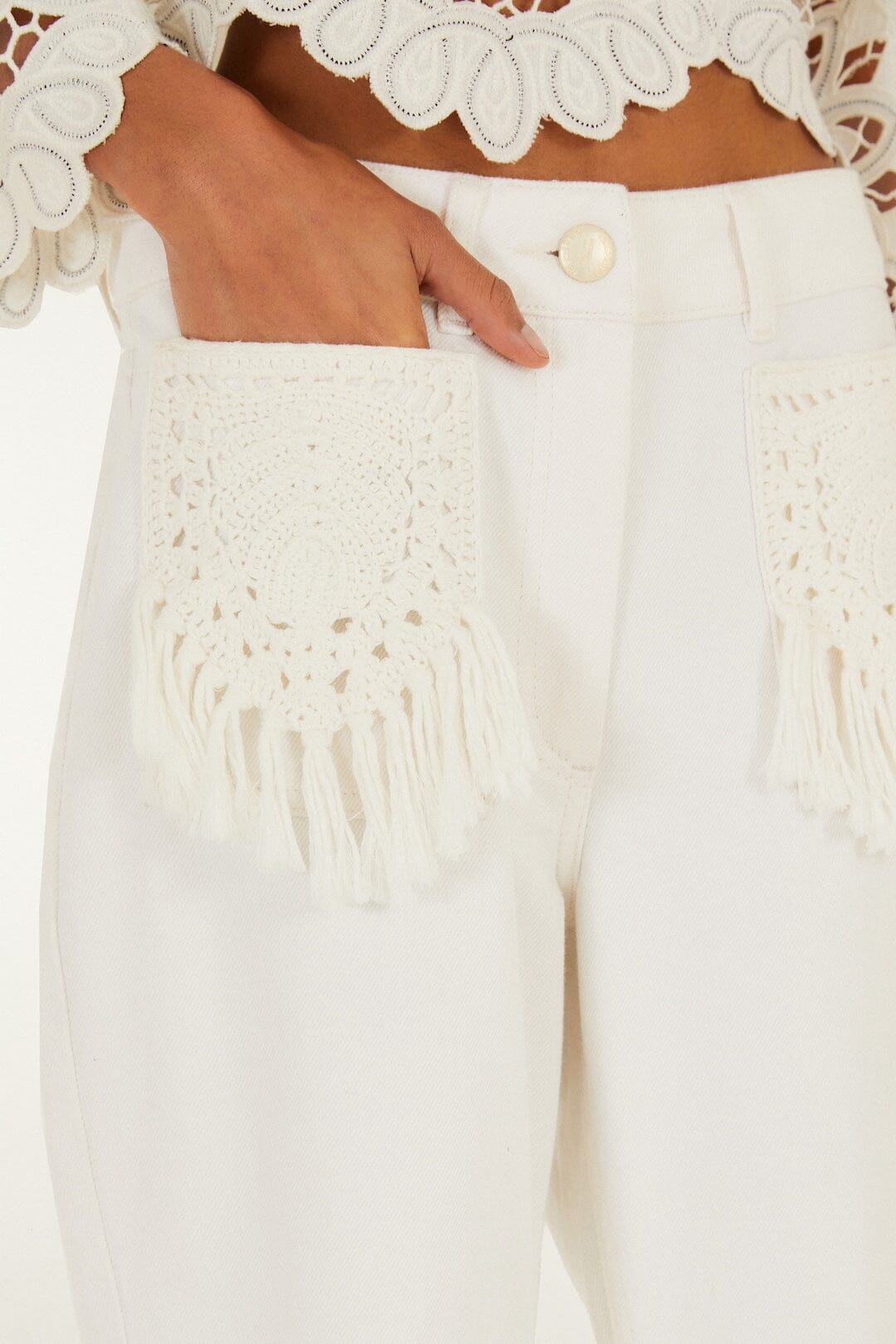 Pantalón de Sarga con Flecos y Bolsillos