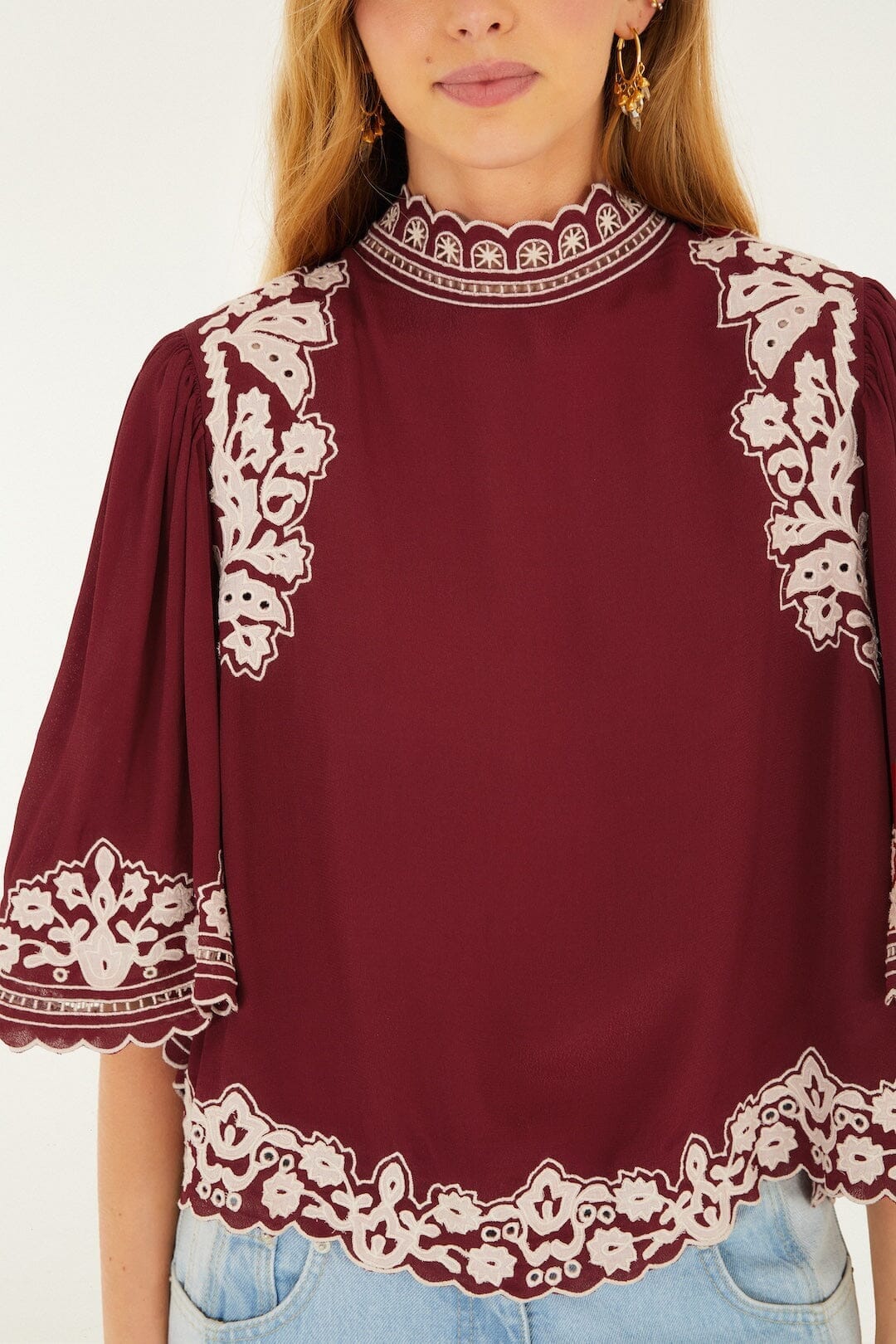 bicolor palm tree embroidery blouse