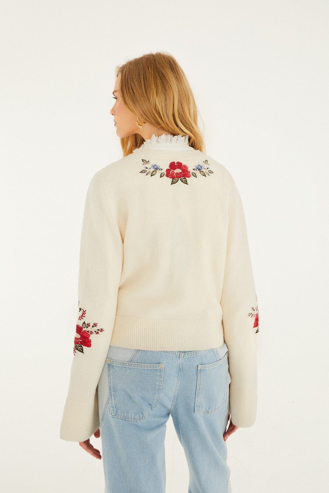 cream flowers embroidered knit cardigan