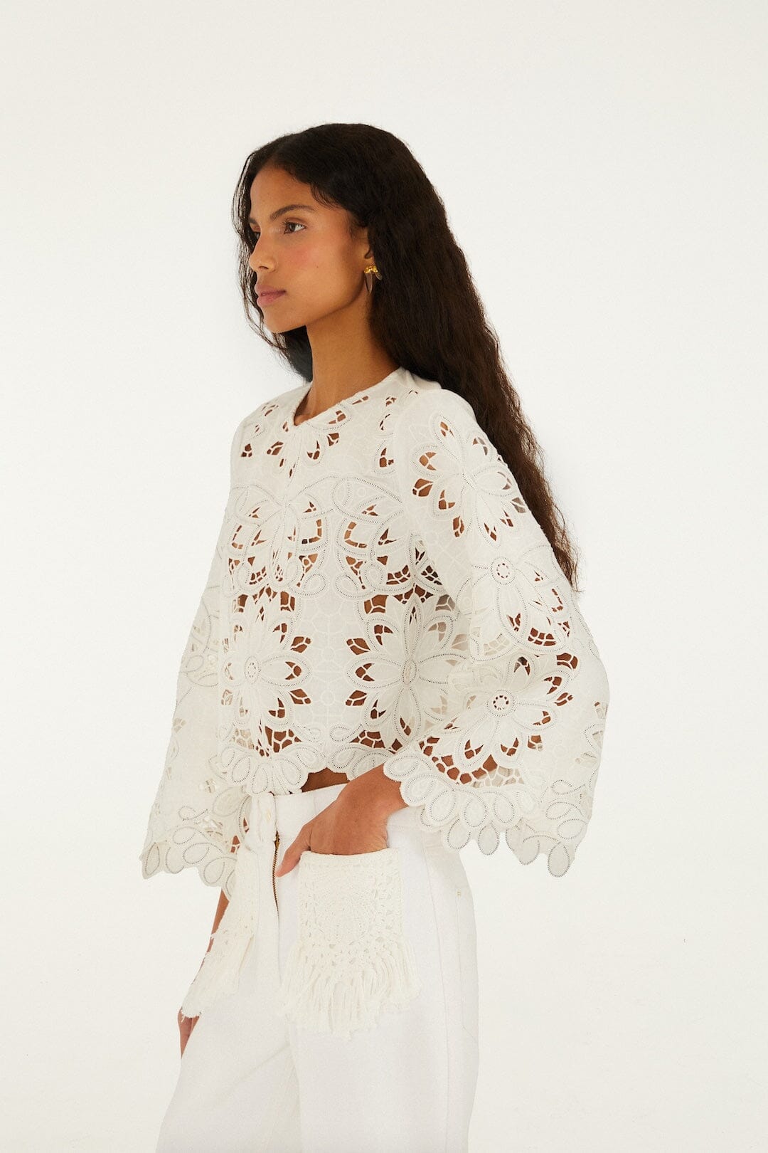 Blusa Blanco Hueso Flores Richelieu de Manga Larga