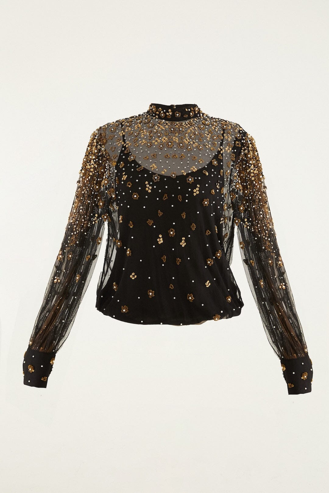 embroidered bubble tulle black blouse