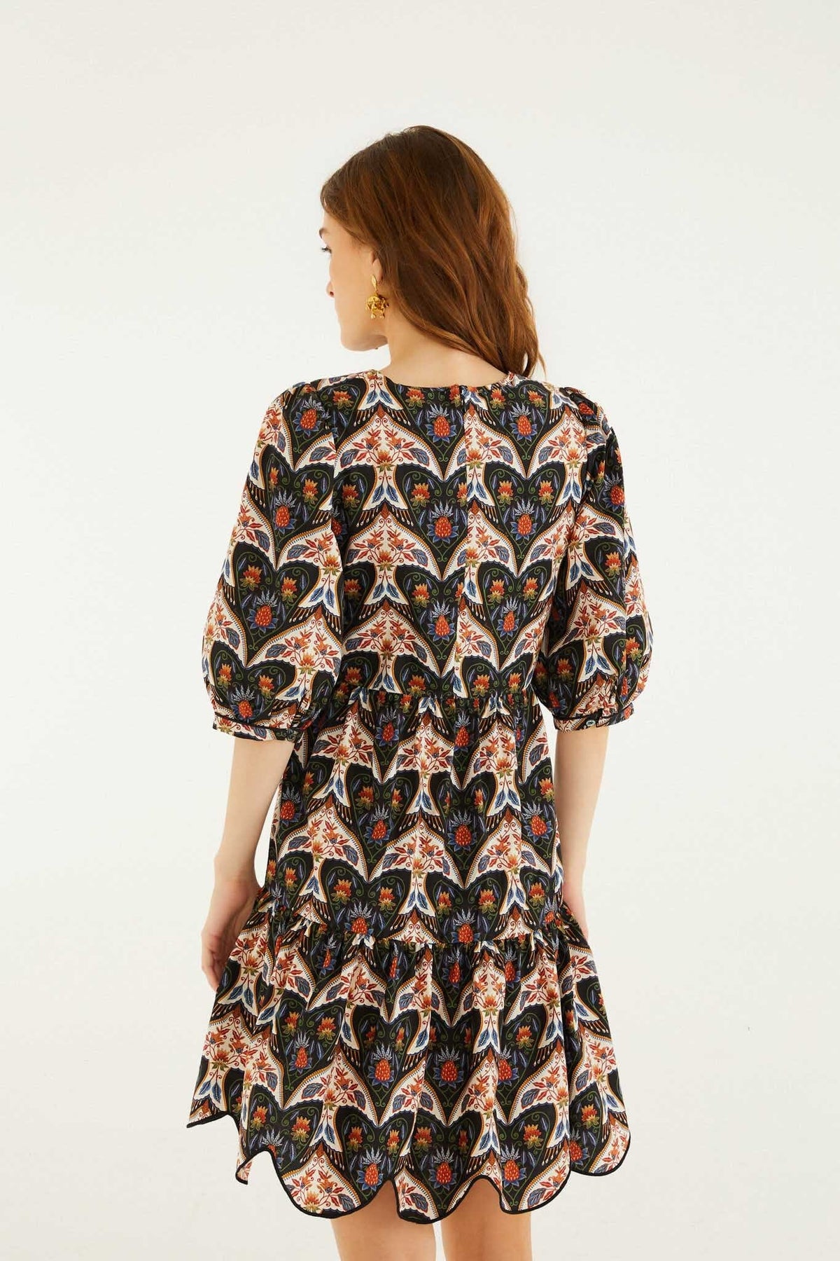 Mini Vestido Porcelain Birds Negro con Manga Abombada
