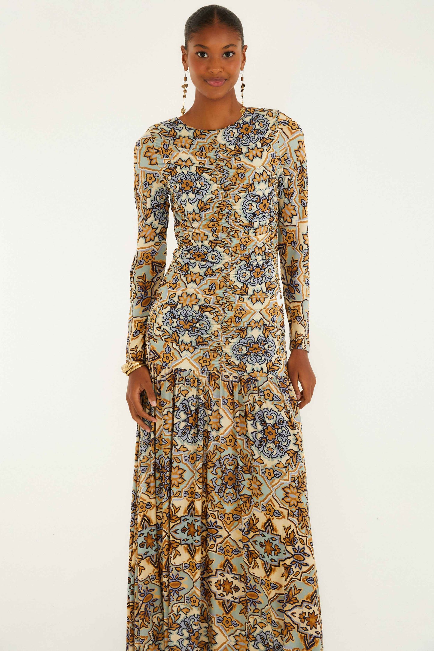 Maxi Vestido Manga Larga Tapiz Invierno Azul
