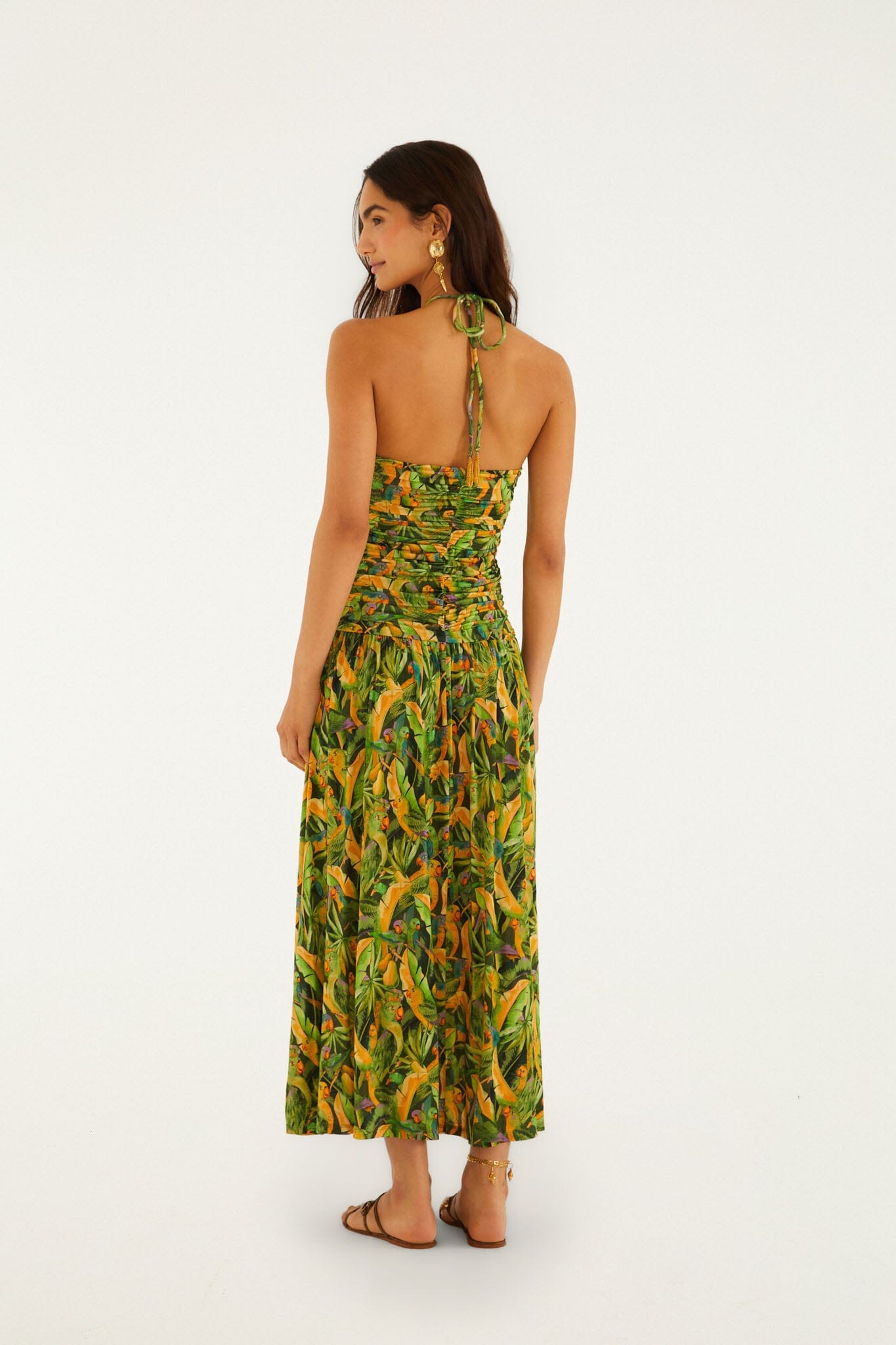Maxi Vestido Verde Forest Parrots con Corpiño Fruncido