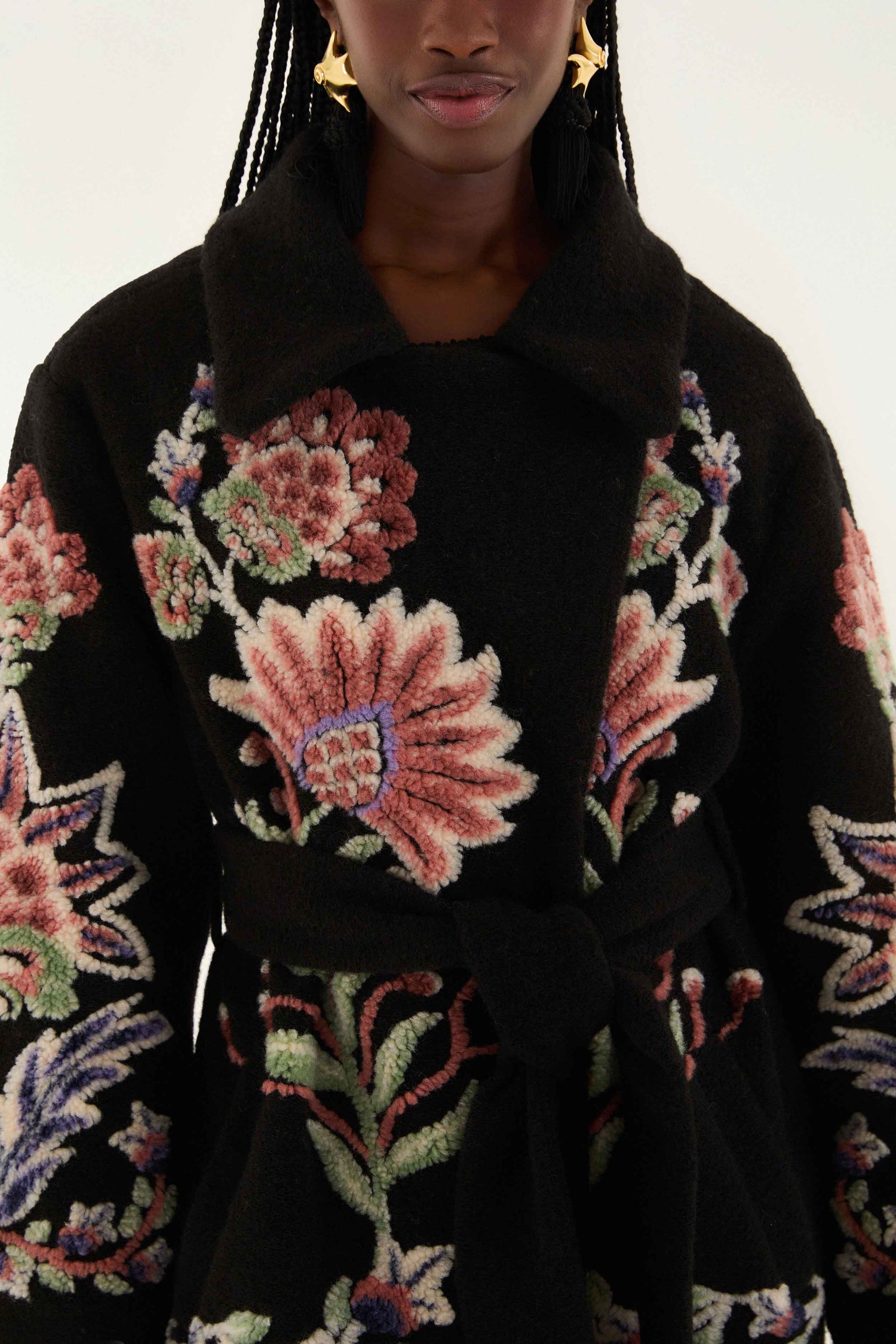 FARM Rio model wearing the Marvelous Garden Fleece Coat