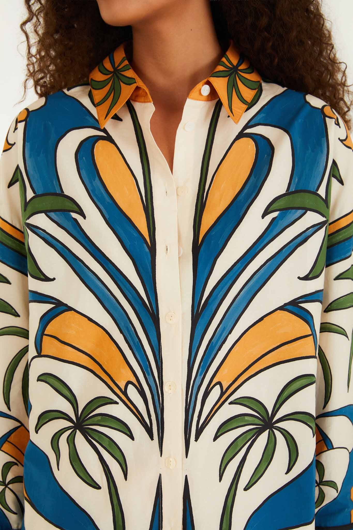 Camisa Tropical Multicolor con Cuello y Botones