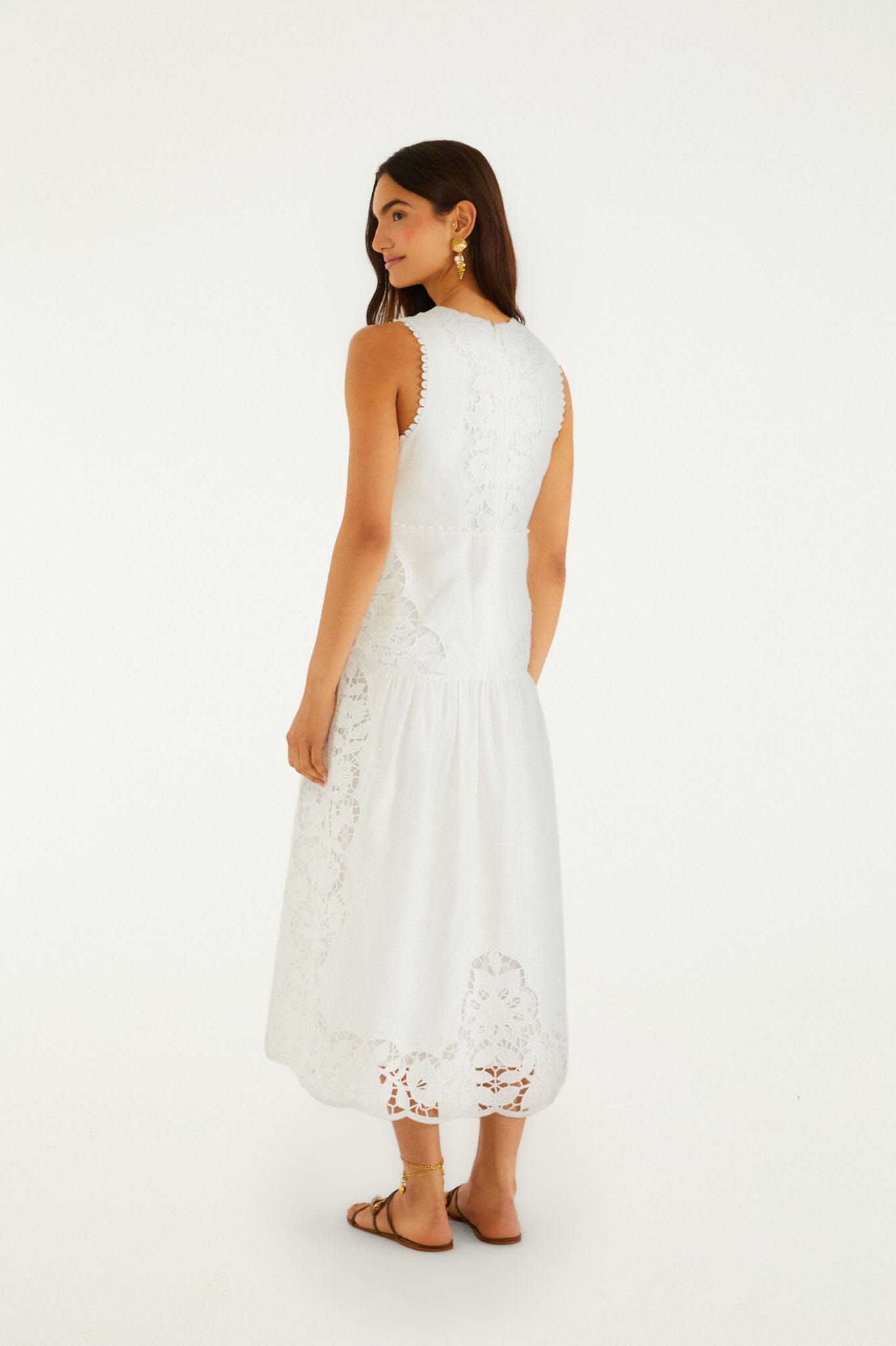 Vestido Midi Blanco Hueso Richelieu con Escote en V sin Mangas