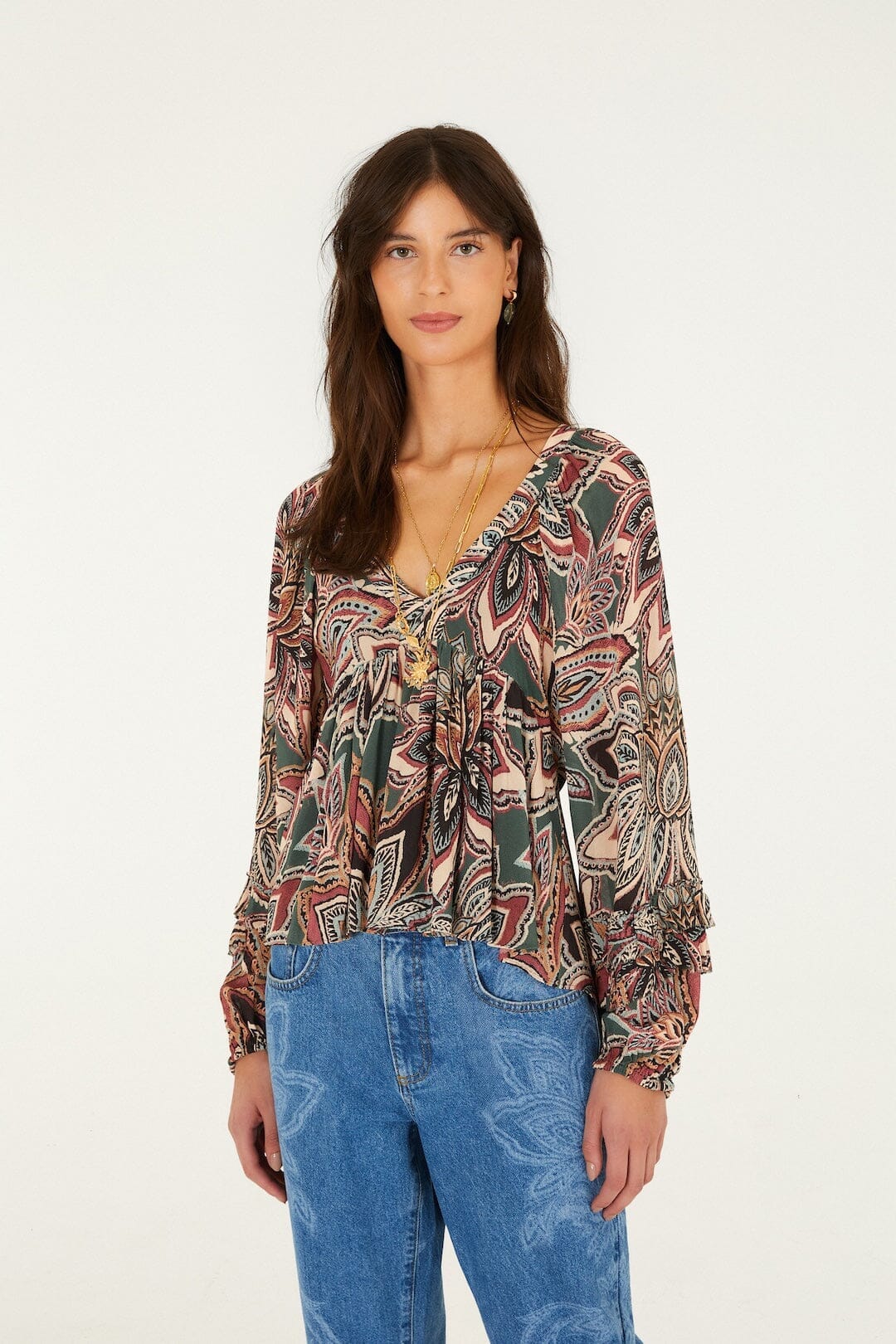 Blusa Tapestry Flowers con olanes