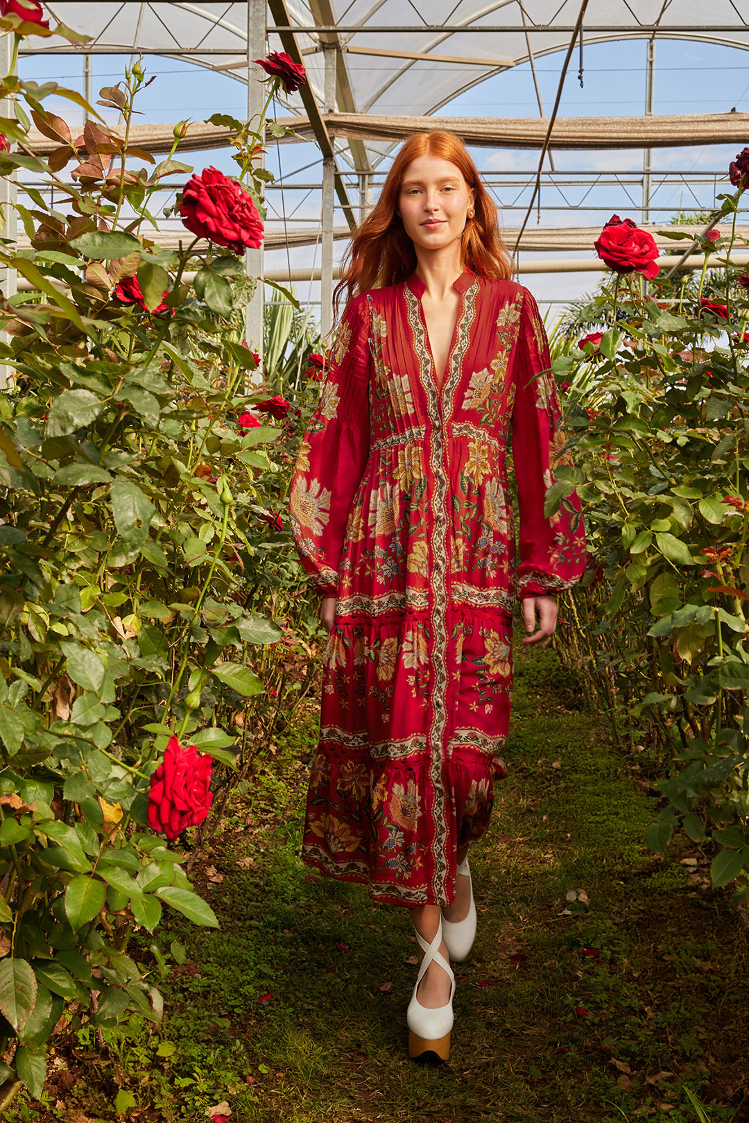 Vestido midi de manga larga Garden Delight rojo