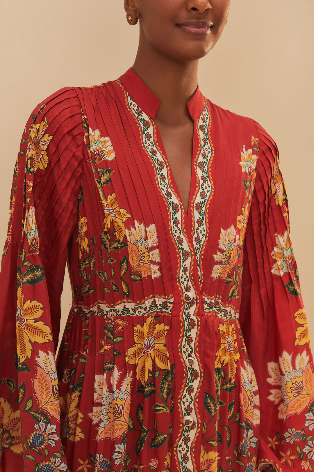 Vestido midi de manga larga Garden Delight rojo