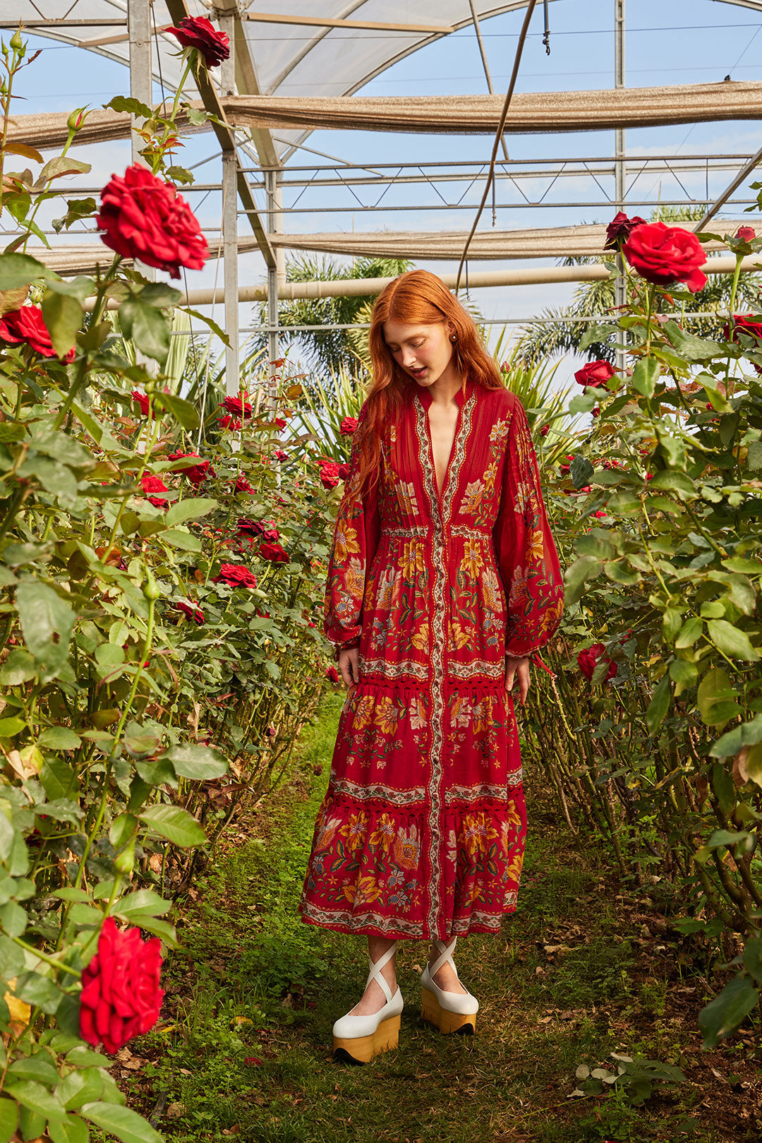 Vestido midi de manga larga Garden Delight rojo