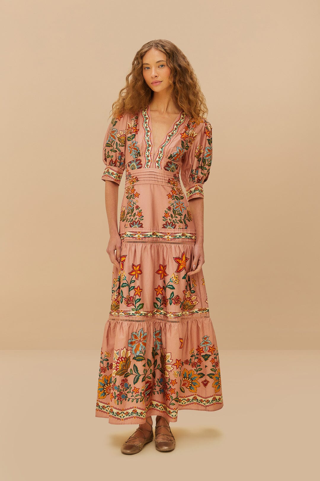 Maxivestido de manga corta Garden Delight rosa