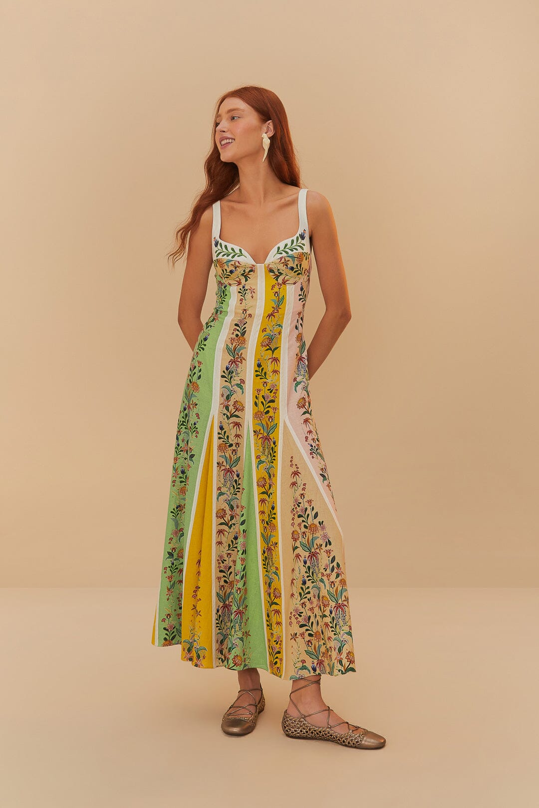 Multicolor Rayas florales delicadas LENZING™ ECOVERO™ Euroflax™ Maxi Vestido