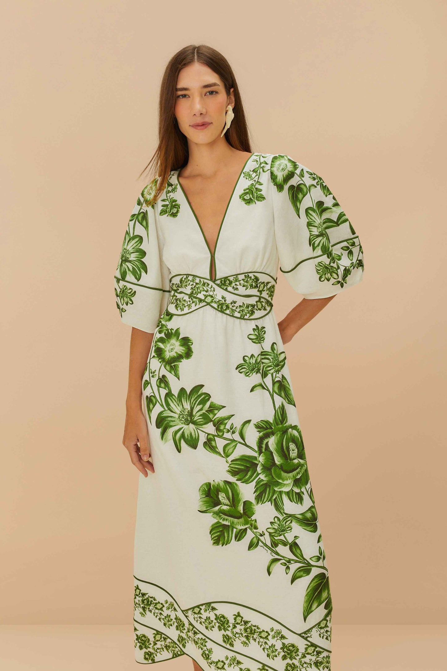 Off-White Verde Floral Cascada LENZING™ ECOVERO™ Euroflax™ Vestido Midi