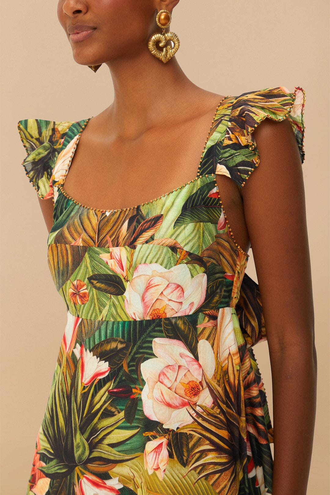 Maxivestido de tirantes con cuello redondo y volantes Botanical Forest Multicolor