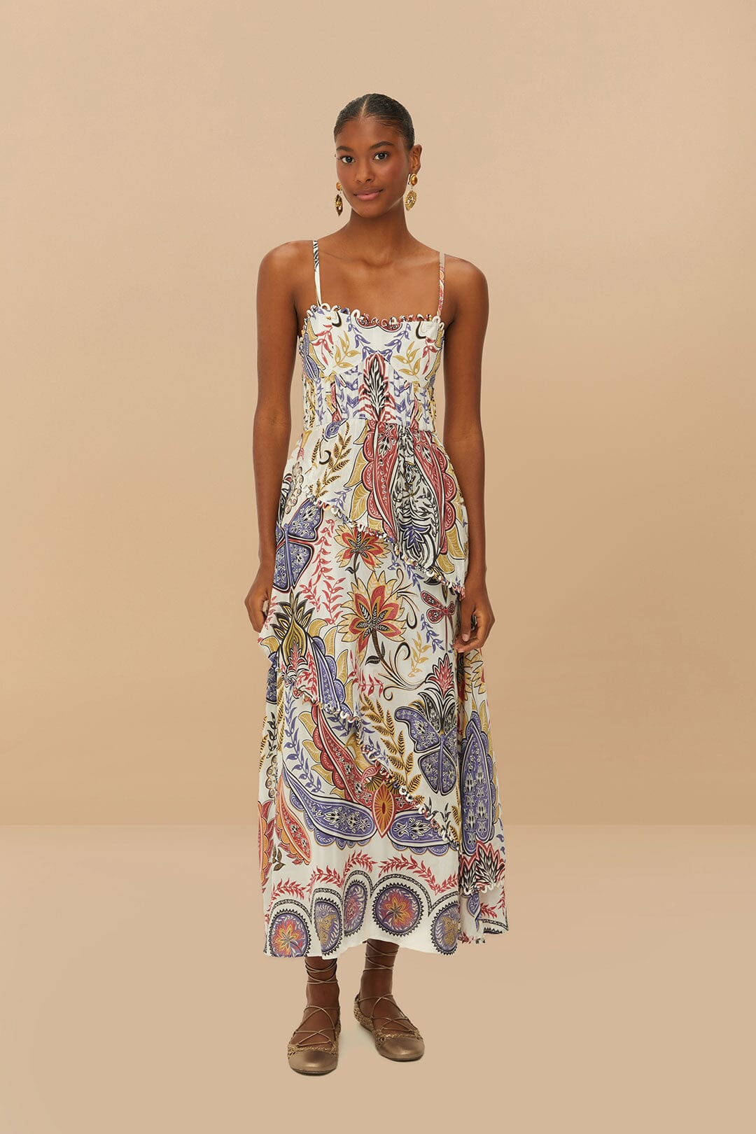Maxi Vestido Off-White Boho Glam Loopy Trim